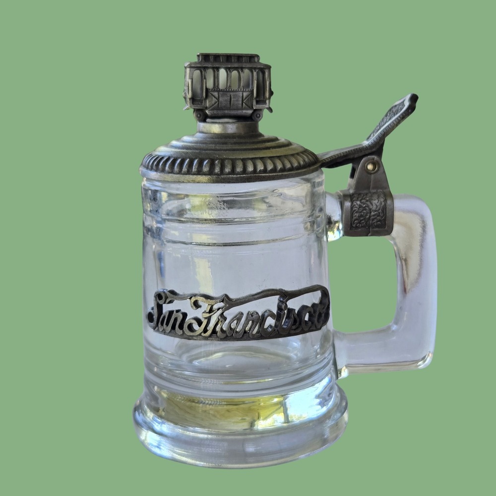 Vintage San Francisco Souvenir Beer Stein Glass Metal Lid Cable Car Finial